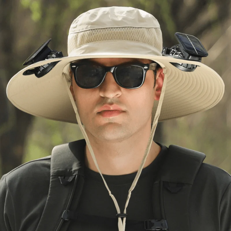 Solar-Powered Fan-Equipped Sun Hat with Wide Brim: Breathable mesh design prevents sweating; adjustable wind-proof cord and hat strap provide dual security; suitable for all outdoor activities; combines sun protection and cooling in one