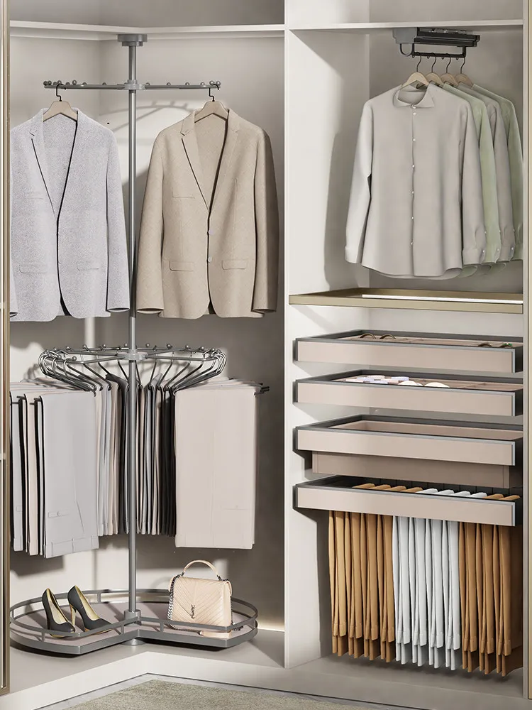 Rotating hanger 360 degree wardrobe hanging rod cloakroom corner multi-function storage pants rack corner pants pull basket