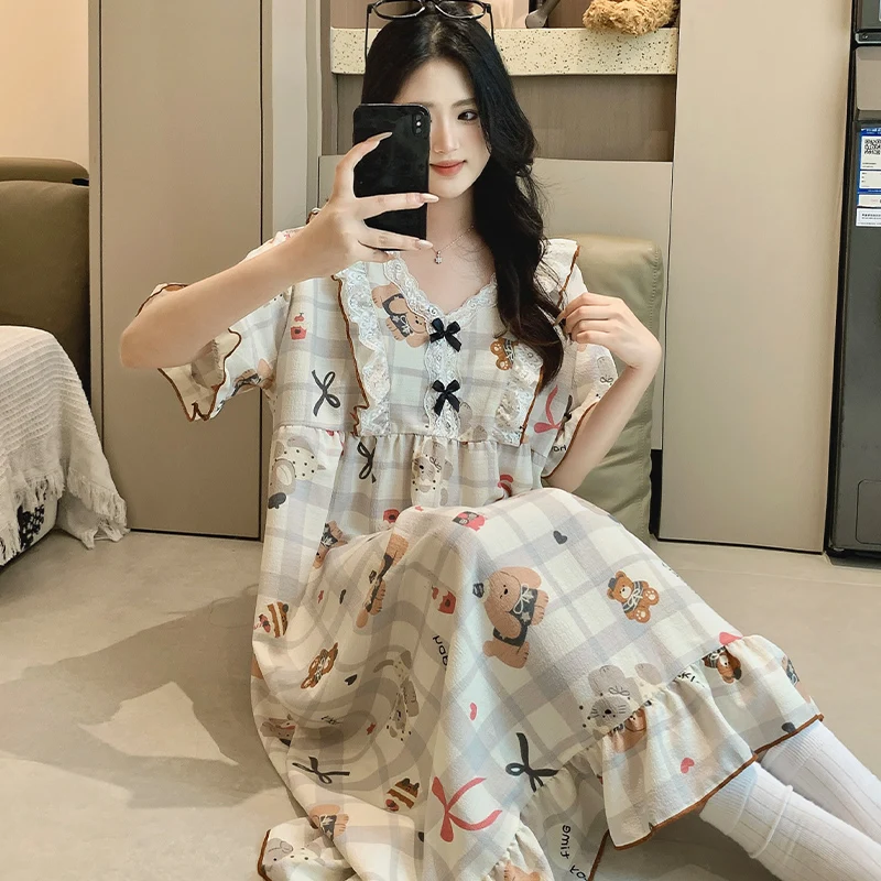 

Ночная сорочка, женская летняя пижама с коротким рукавом, с эффектом жатки, милая, длинная, свободного кроя, больших размеров, с мультяшным принтом