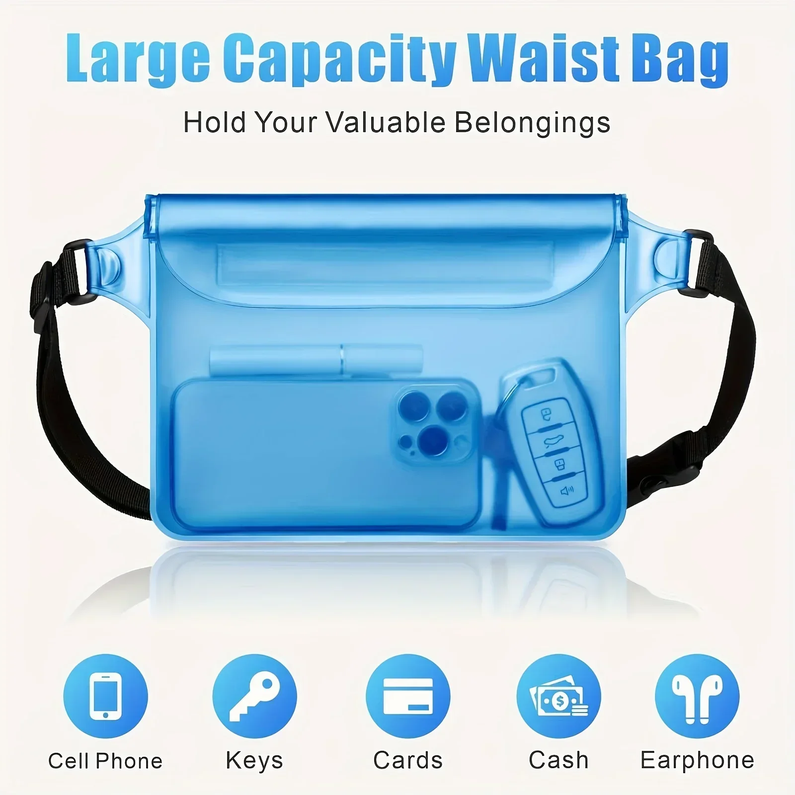 Water Sports PVC Waist Bag Belt-attached Phone Passport Wallet Pouch, Buoyant Transparent Bag for Travel Beach Swimming Kayaking