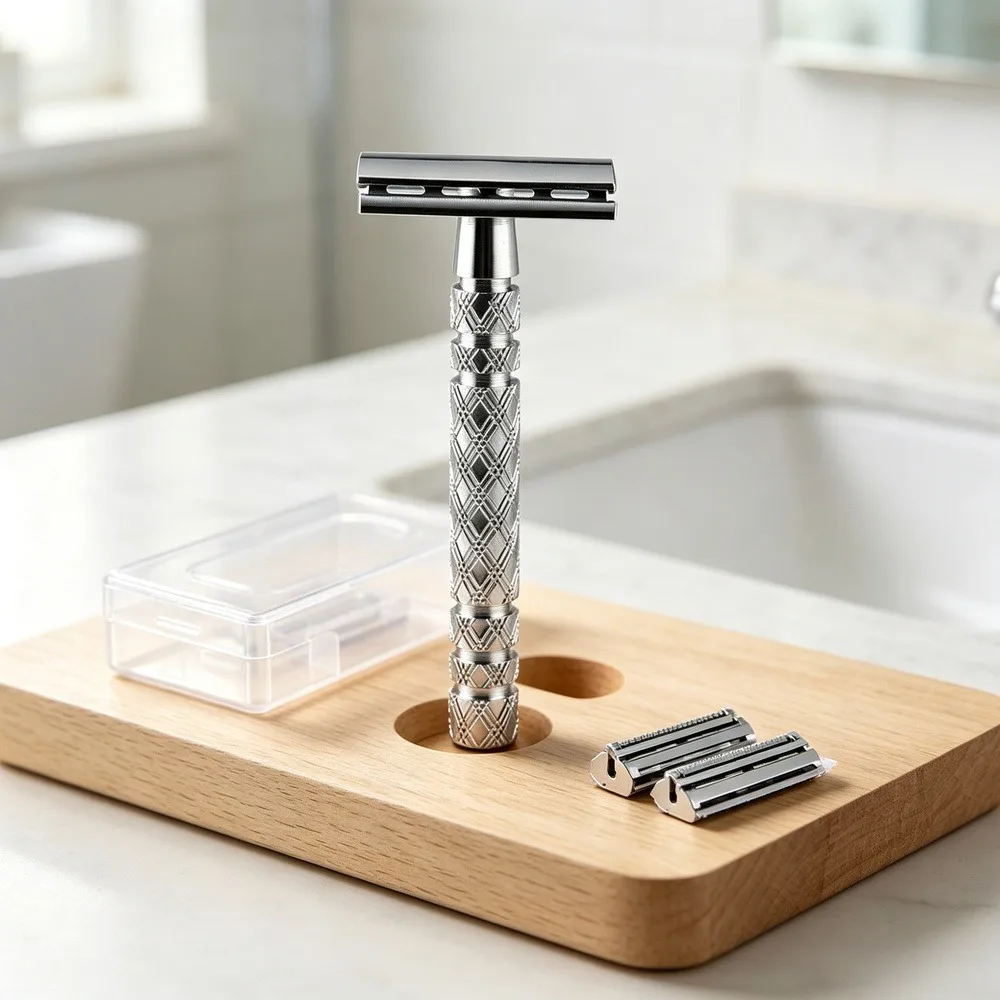 Vintage Double Edge Safety Razor for Men, 1 Razor Handle + 18 Replacement Blades, Reusable Metal Safety Shaving Razor with Clear Travel Storage Case, Classic Wet Shave Beard Razor