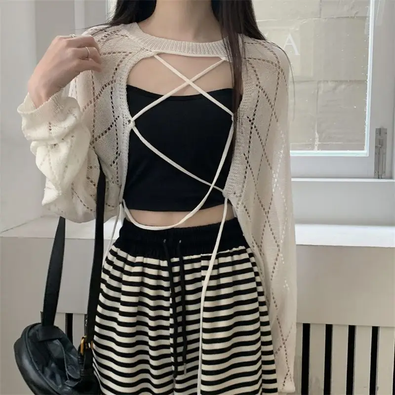 Cardigan Sweaters Women Loose Sun-proof Hollow Out  Korean Style Simple Trendy Knitted Spring Solid All-match Outwear Bandage