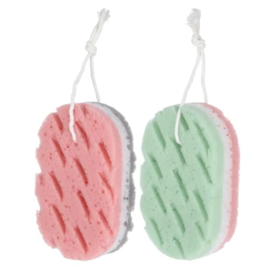 2 Pcs Bath Sponge, 3-Layer Body Wash Sponges Loofah Body Scrubber 2 Colors and Large Size Shower Pouf Cleaning Loofahs for Show