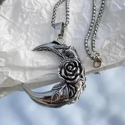 Vnox Big Moon with Rose Pendant Necklace for Men Women, Unisex Cool Plant Collar, Gothic Punk Rock Jewelry