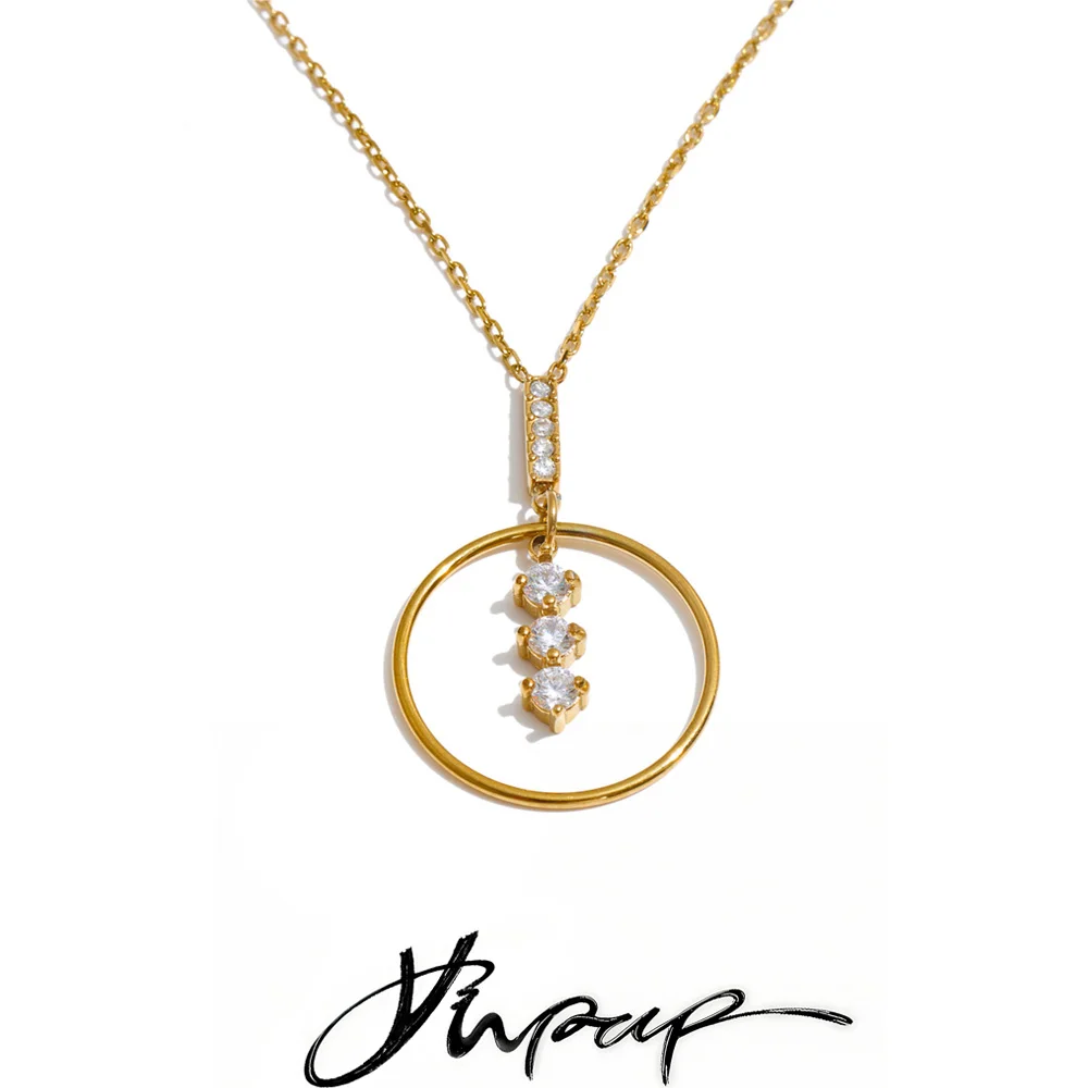Yhpup Stainless Steel Necklace Bling Cubic Zirconia Round Hollow Pendant Delicate Women Jewelry Recommend Gift