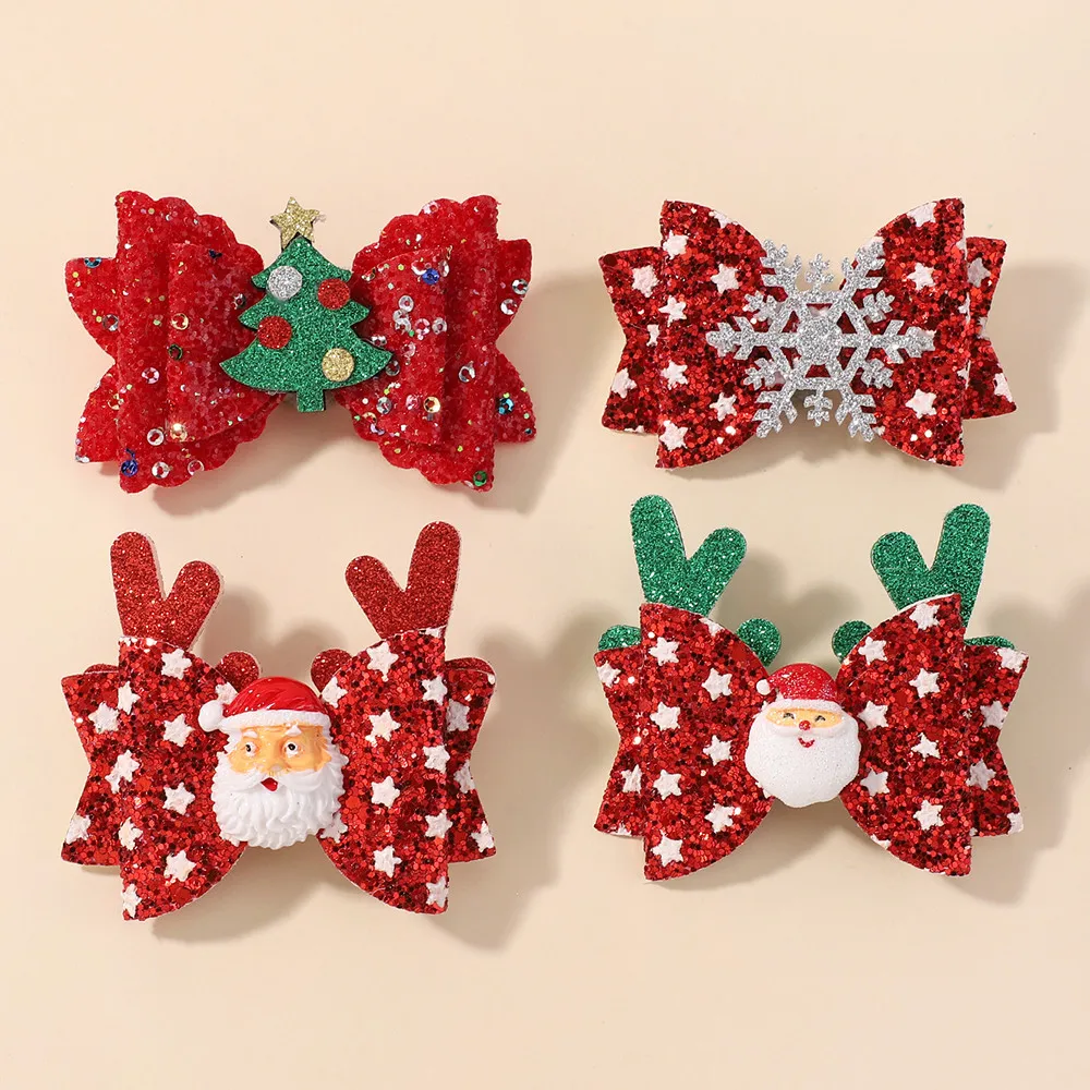 

2Pcs/set 2025 Christmas Glitter Kids Bows Hair Clips for Girls Horns Hairpin Printed Fabric Horseback Clips Holiday Dance Aces