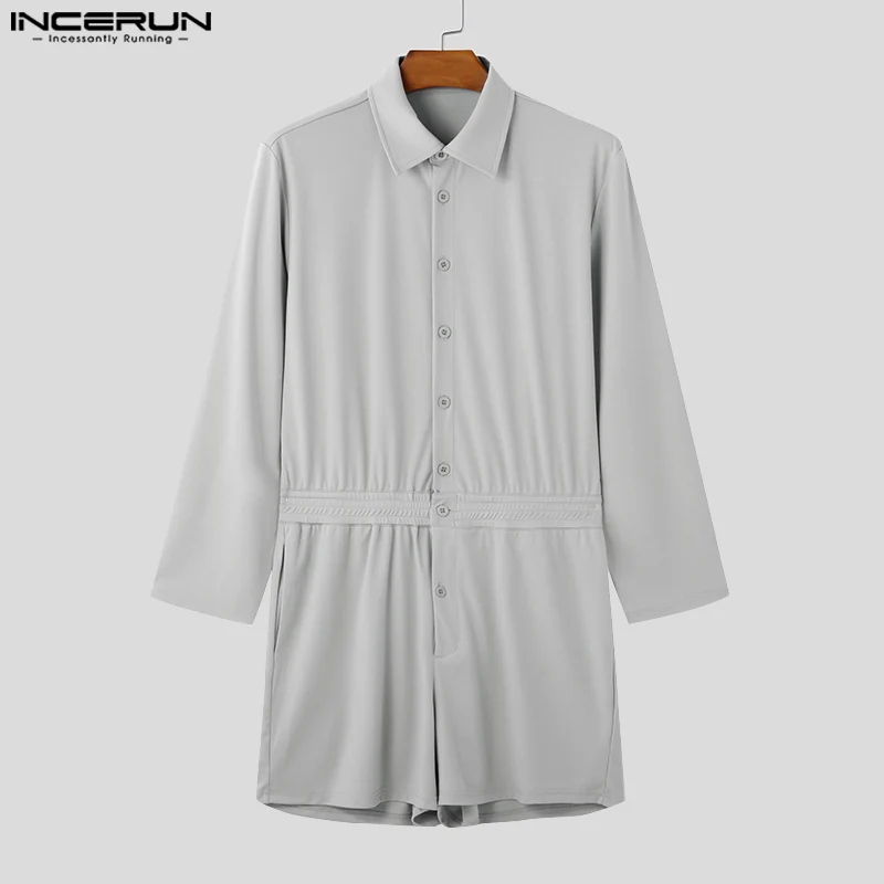 INCERUN 2024 American Style New Men Homewear Fashion Jumpsuit Ruffled Edge Design Bodysuits Male Solid Sexy Long Sleeved Rompers