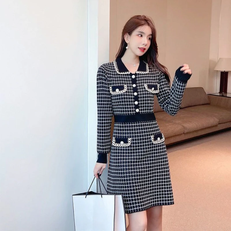 Knit Female Dress Midi Bodycon Knee Length Colorblock Clothing Crochet Women\'s Dresses Cover Up Plaid Hot Promotion One-piece