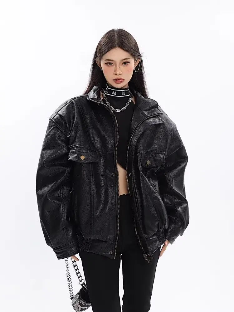 Vintage Pu Leren Jas Vrouwen Oversized Moto Biker Jas Herfst Windjack Koreaanse Stijl Dikke Zwarte Motorjas