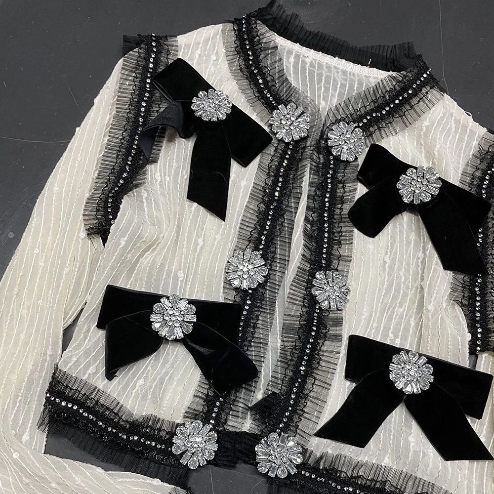 Luxury Summer Beaded 3D Bow Lace Sticting Coat Diamonds Short Bomber Jacket Sequined Cardigan Fairy Single-breasted Coat Tops