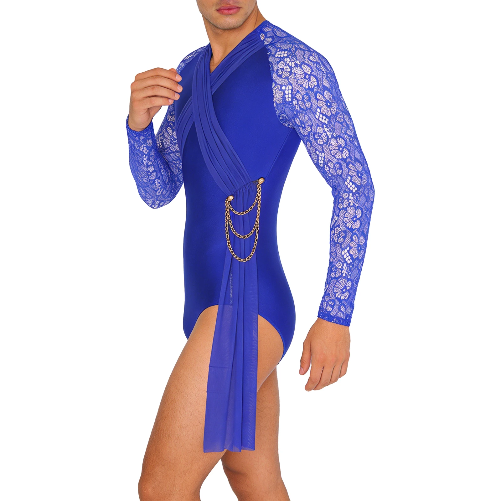 Herren Gymnastik Ballett Strumpfhosen Latin Dance Body Shirt Kostüm Sheer Floral Spitze Geraffte Mesh Kette Quaste Trikot Overall