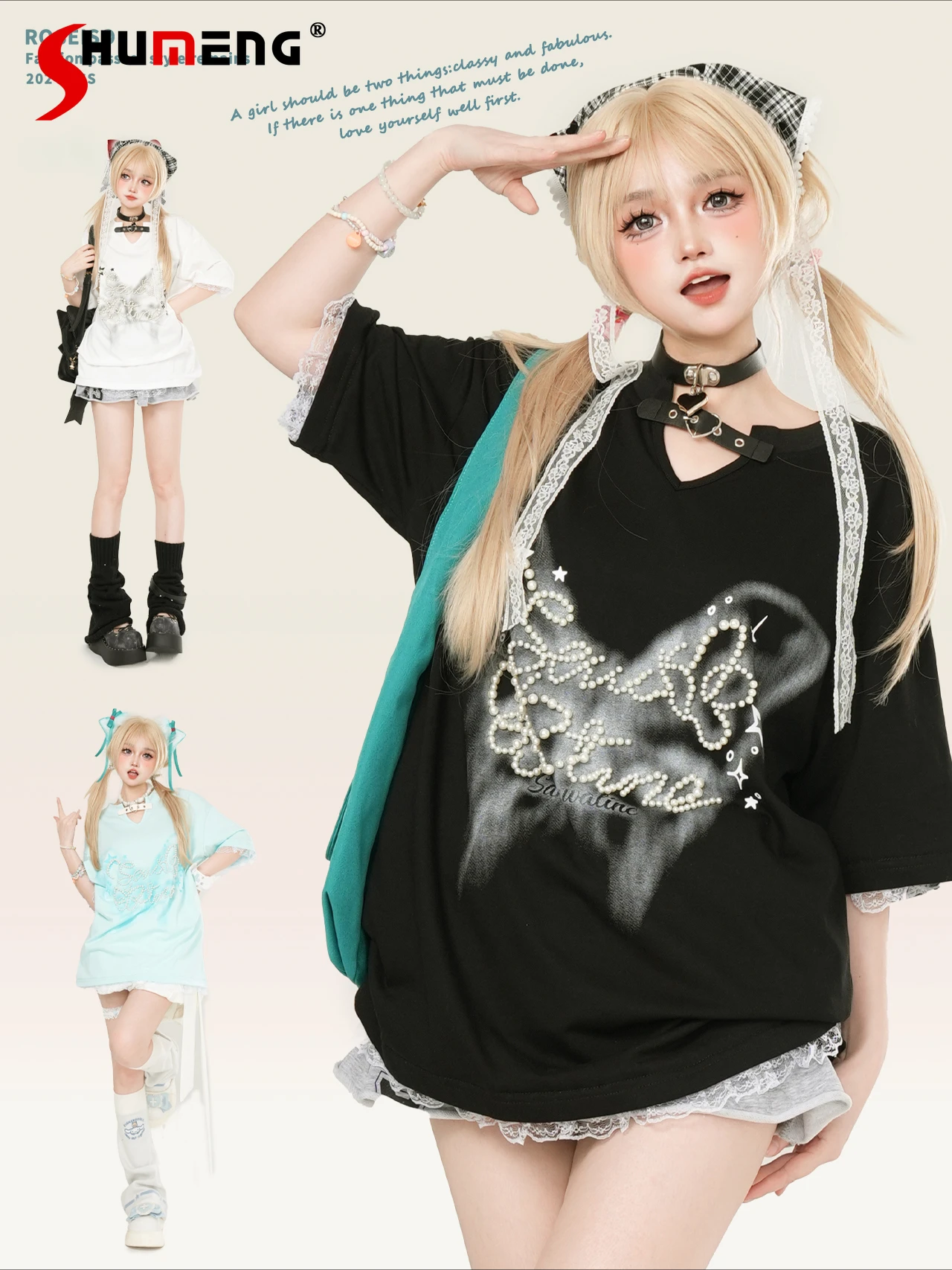 

Korean Street Sweet Cool Girl Y2K Top Round Neck Short Sleeve Butterfly Bead Embroidery Loose Casual T-shirts Shirt Women Summer