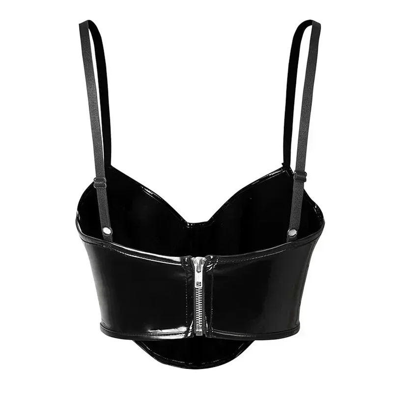 Black PU Leather Overbust Corset Women Sling Sexy Lingerie Slimming Shaper Back Zipper Gothic Bustiers Crop Top