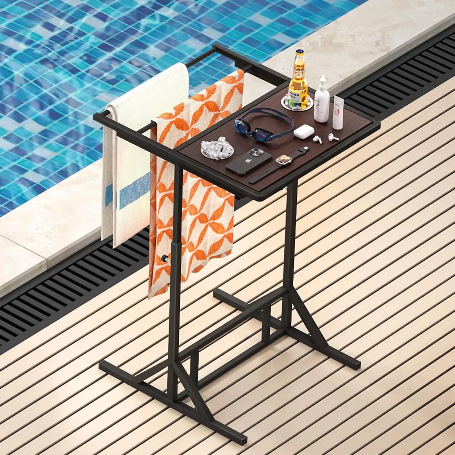 Adjustable Height Outdoor Poolside Metal Towel Rack With Tabletop Waterproof Sunproof Tray Holder Frame Side Table With Cup Holders Base Storage Furniture For Pool Hot Tub Yard Black One Pack