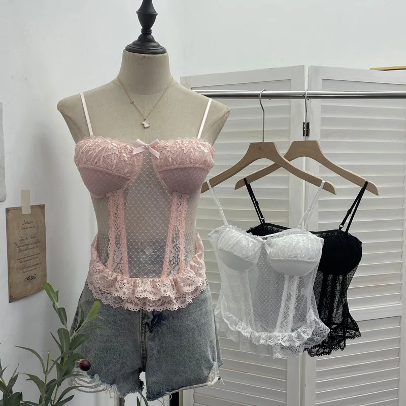 Top Women Sexy Sheer Lace Camisole Bow Detail Built In Bra Boned Form Fitting Silhouette Mesh Short Sweet Outfits Chic Top1710