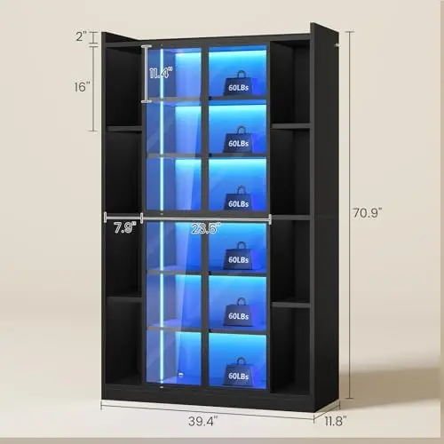 71" Display Cabinet with Acrylic Glass Doors, 6 Tier Display Cases for Collectibles, Curio Cabinet with LED Lights view 2