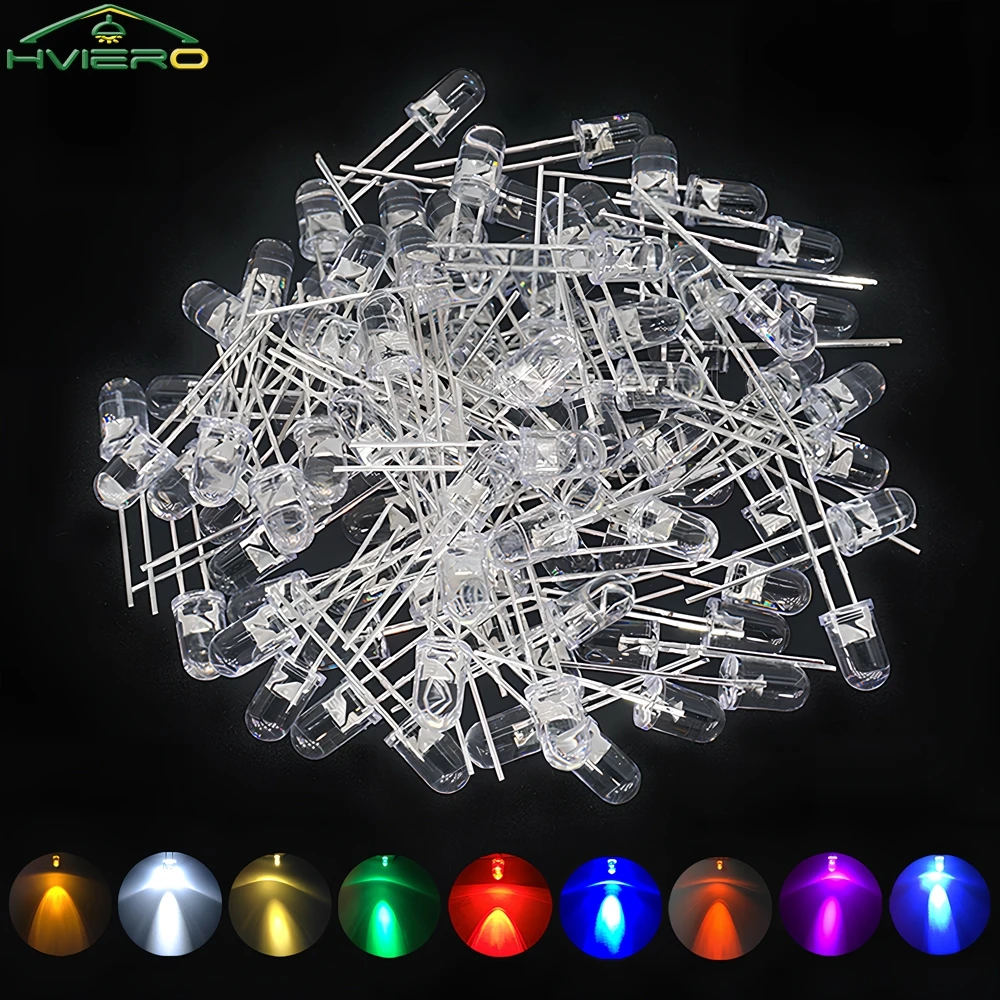 500/1000PCS Round Water Clear Diode Led 6000-6500k Super Bright Ligte Emitting Diodes 5mm White Red Green Blue Yellow Pink Lamp