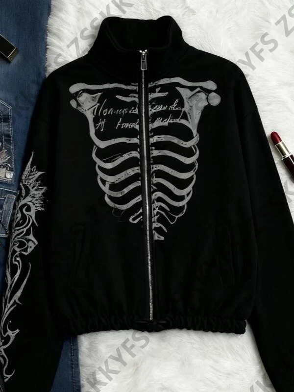 

Уличная одежда в стиле панк 90-х, женские толстовки Y2k, эстетичная зимняя толстовка на молнии в стиле Харадзюку для девочек, хип-хоп, череп, готическая одежда, куртка с капюшоном