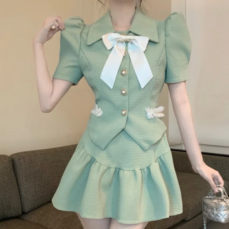 Summer Korean-Style Sweet Commuter 2-Piece Set Women 2024 New Big Bow Lapel Puff Sleeve Shirt Top+High Waist Pleated Skirt Suit