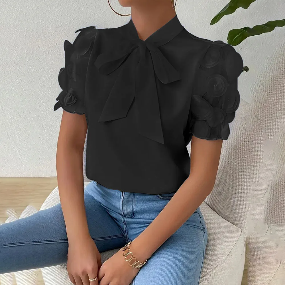 Chemisiers d'été à manches courtes pour femmes, hauts blancs à col rond avec nœud ample, chemises élégantes décontractées pour dames, 2025