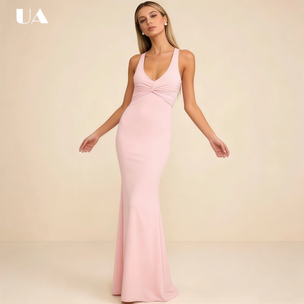 

ULBYANRY ELegant Mermaid Draped Lace-up Prom Dress, Sexy Backless V-neck Evening Dress, Solid Sleeveless Customized Party Gown