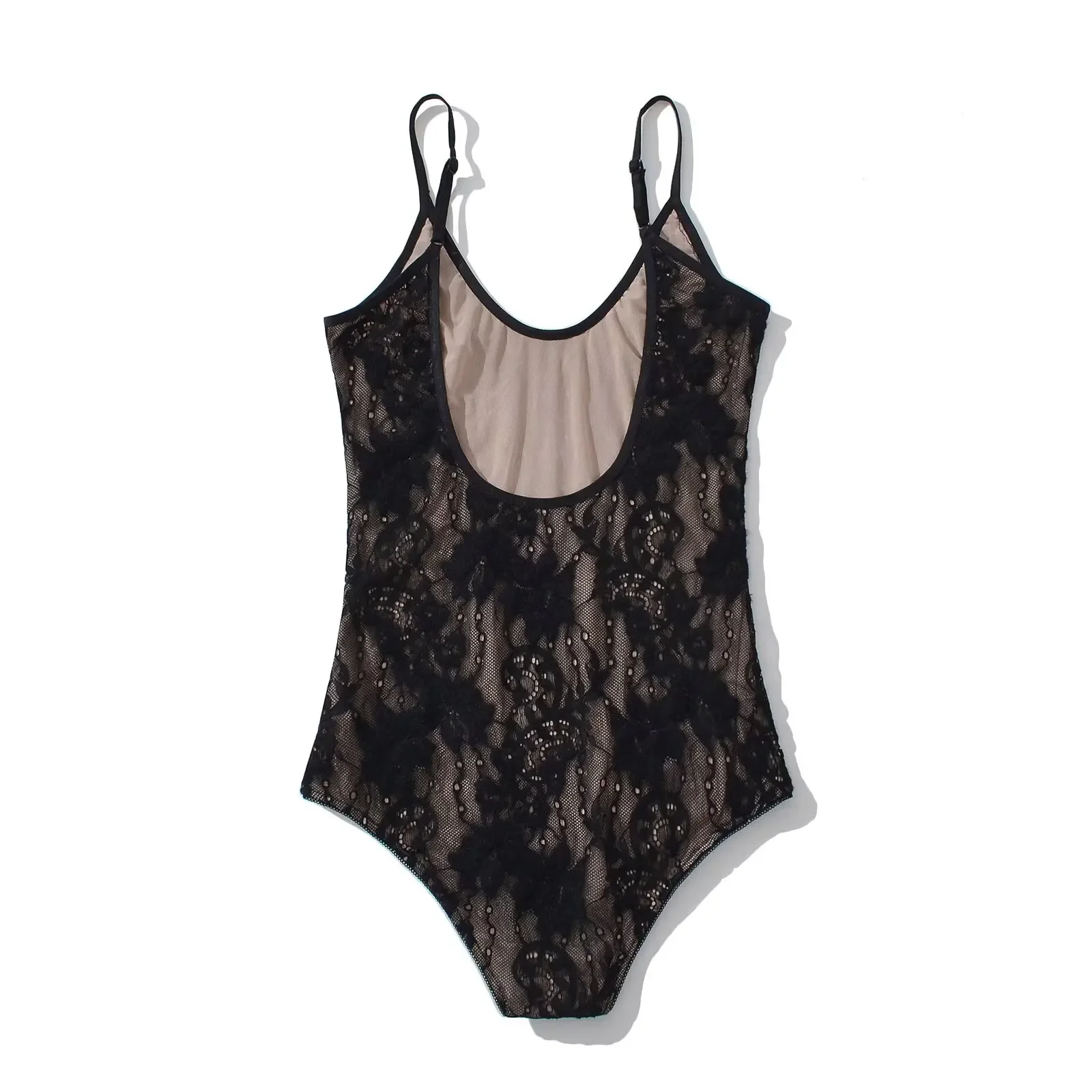 Sexy, durchsichtiger Spitzen-Bodysuit mit Futter, rückenfreier Spaghetti-Träger-Body, eng anliegender, kurzer Jumpsuit, figurbetonte Romper- und Playsuit-Modelle für Damen. – Detail 29