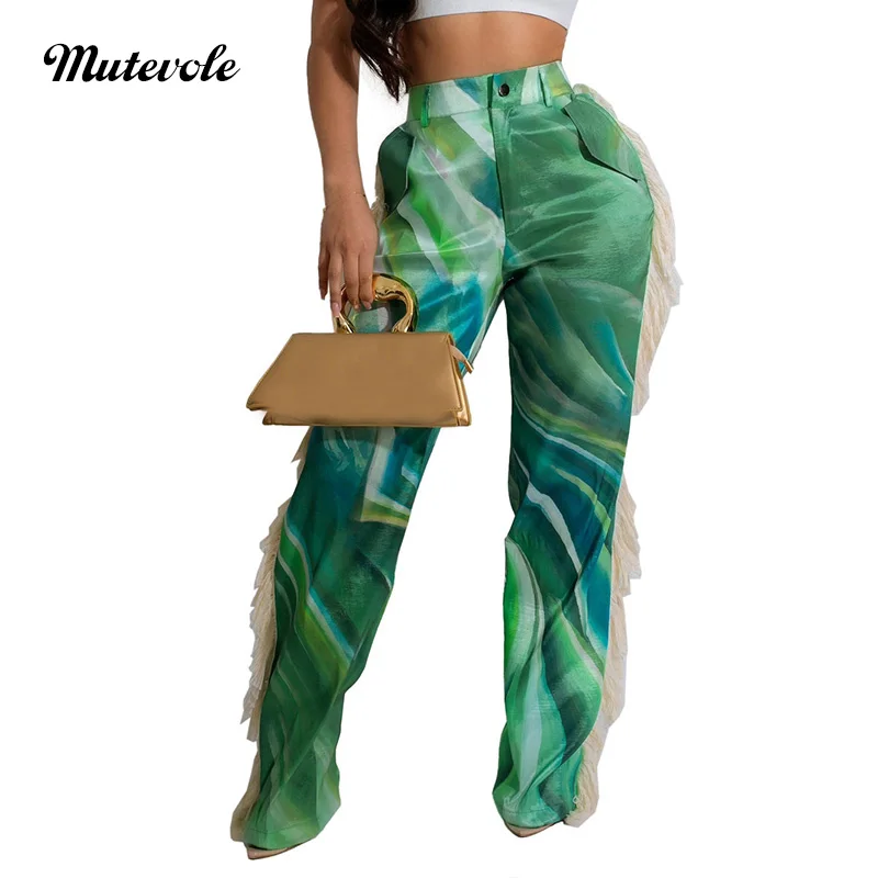 

Mutevole Patchwork Tassel Straight Pants Women Fashion Print Pocket Wide Leg Pants