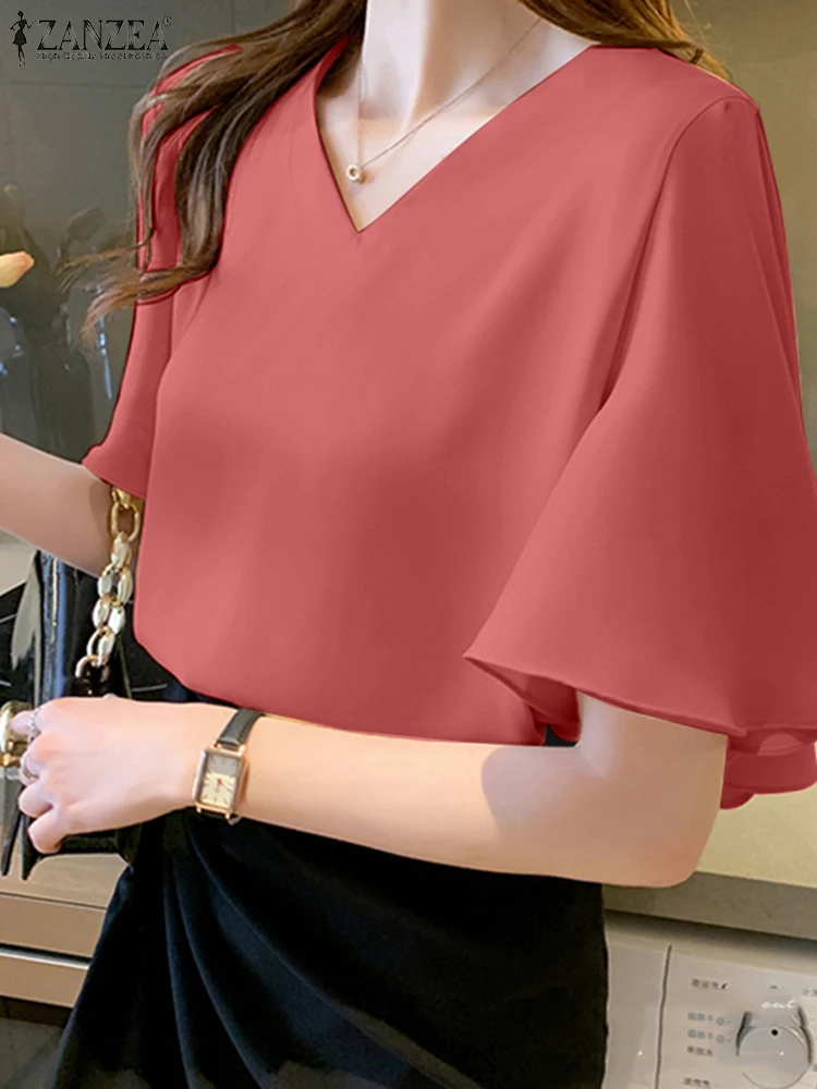 

Women Short Sleeve Work OL Blouse ZANZEA Summer Fashion Shirt Casual Solid OL Work Tops V Neck Blusas Tunic Oversize Chemise