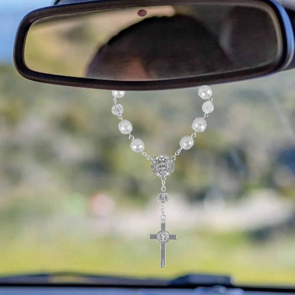 2Pcs Auto Rearview Mirror Rosary Blessing Pendants Black White Catholic Medal Hanging Ornament Auto Rosary