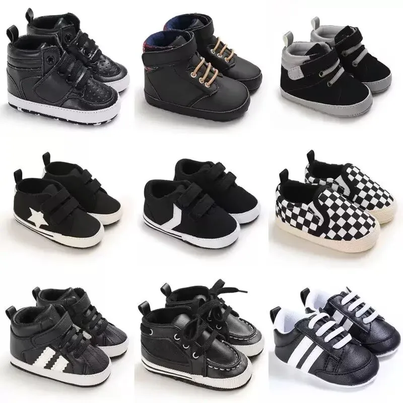 

Spring and Autumn Black Fashion Sports Shoes for 0-12 Month Babies, Soft Sole Comfortable First Walking Shoes