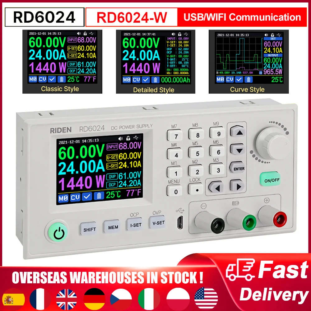 RD6024 RD6018 60V 24A WiFi/USB DC Adjustable Step Down Voltage Bench Color Display Data Storage DIY Power Supply Buck Converter