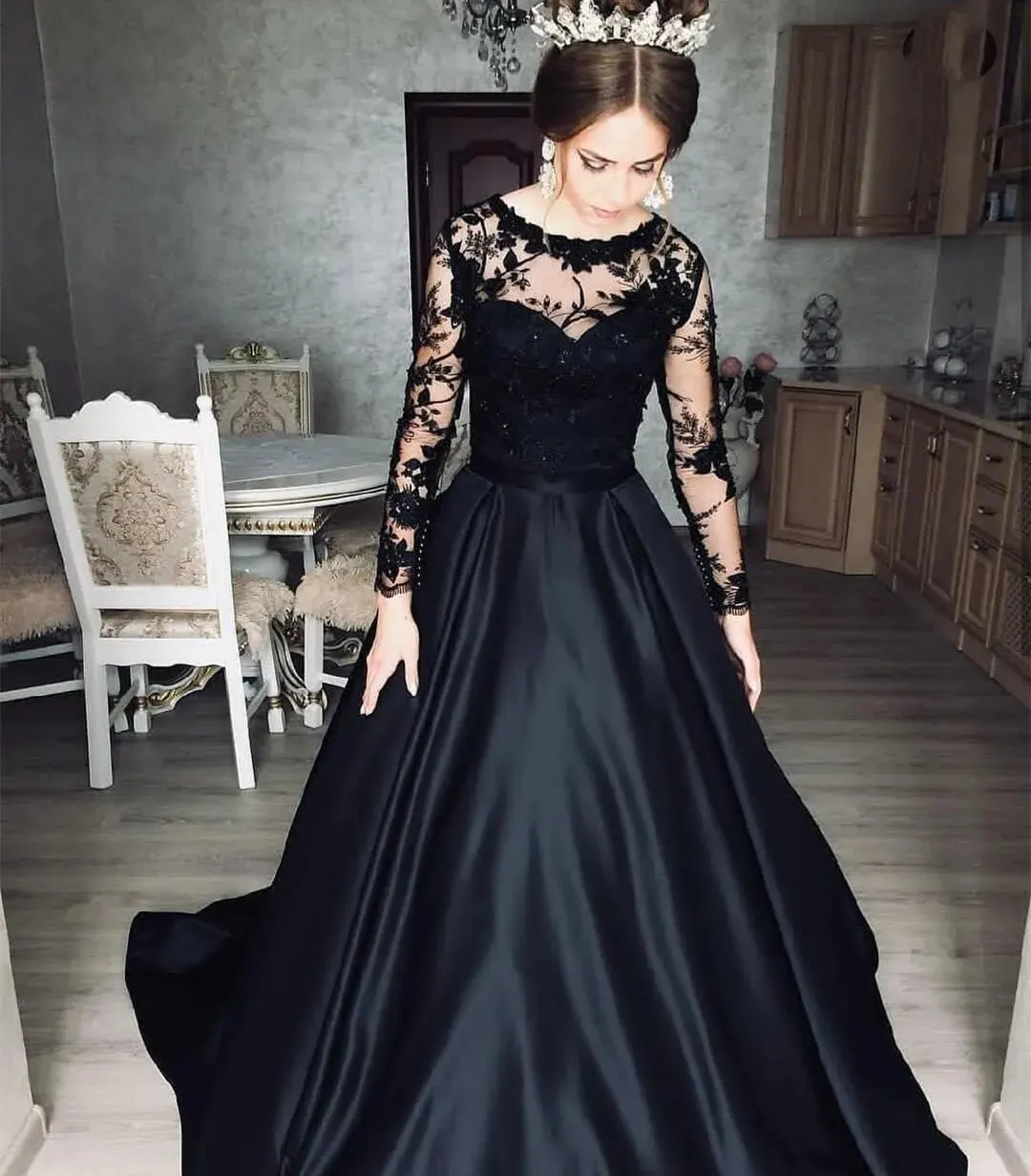 Gaun malam hitam A-line Satin kerah O elegan gaun malam lengan panjang renda applique gaun pesta panjang acara Formal untuk wanita 2023