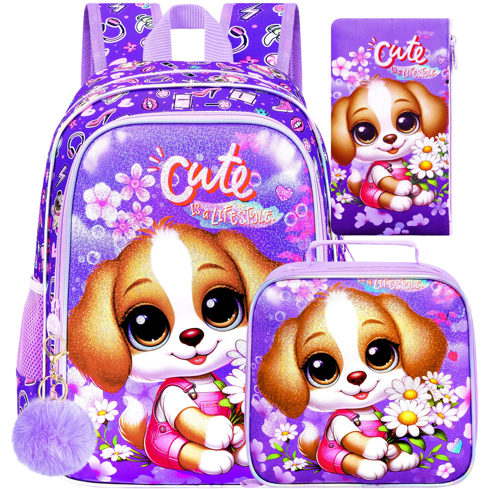 

16" Girls Backpack, 3Pcs Dog School Bookbag with Lunch Box, Kids Backpacks for Elementary Preschool Kindergarten(Purple)