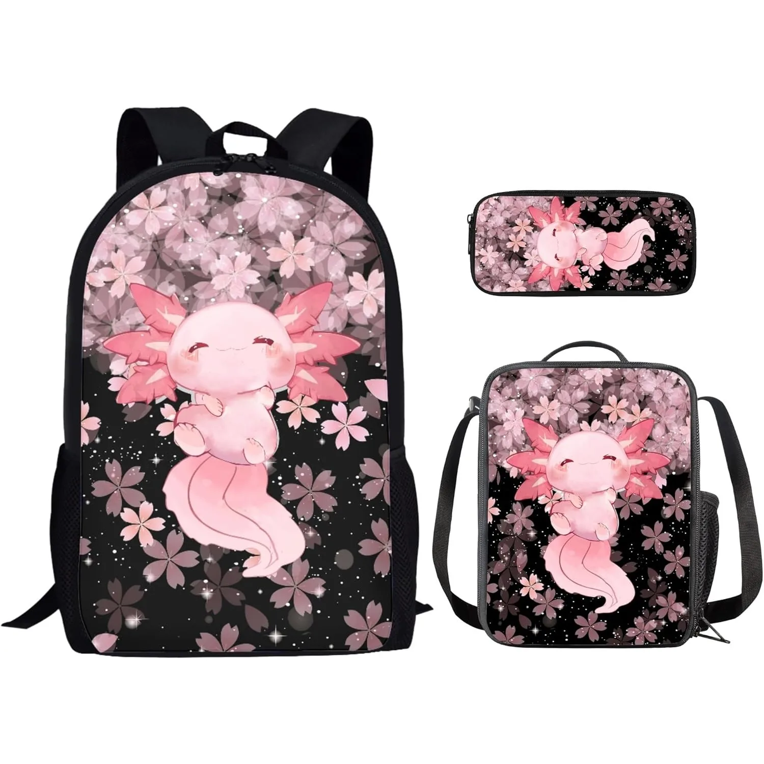 3PCS Cute Axolotl Backpack Cherry Blossom School Bag Set Cool Backpack for Boys Teens Elementary Middle High School Students