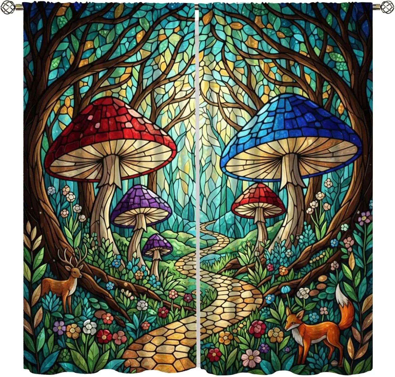 Stained Glass Mushroom Curtain 2 Panels, Color Fungus Deer Fox Forest Floral Path Print, Drapes for Bedroom Cottage Curtain