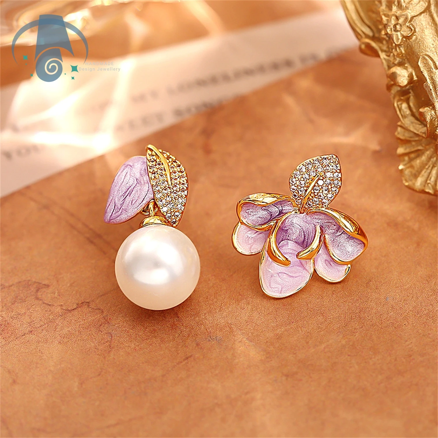 Luxury Enamel Pearl and Shiny Zircon Asymmetrical Leaf Drop Earrings Chinese Style Elegant Jewelry Gift for Women Daily Fashion