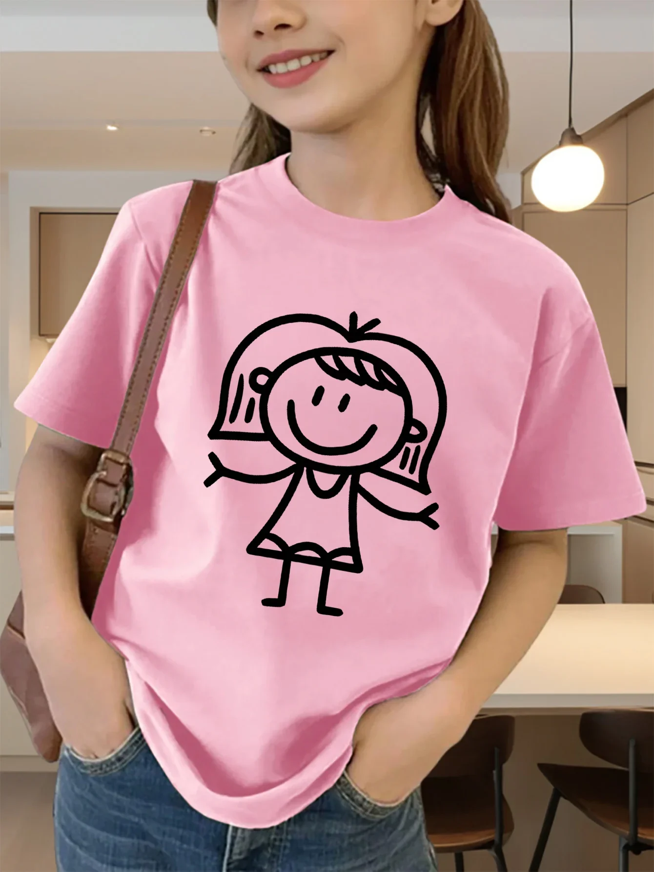 Cute Happy Stick Girl Line Art Graphic Tee for Kids Soft Cotton Crew Neck Short Sleeve Summer Top Boys Girls Family Matching