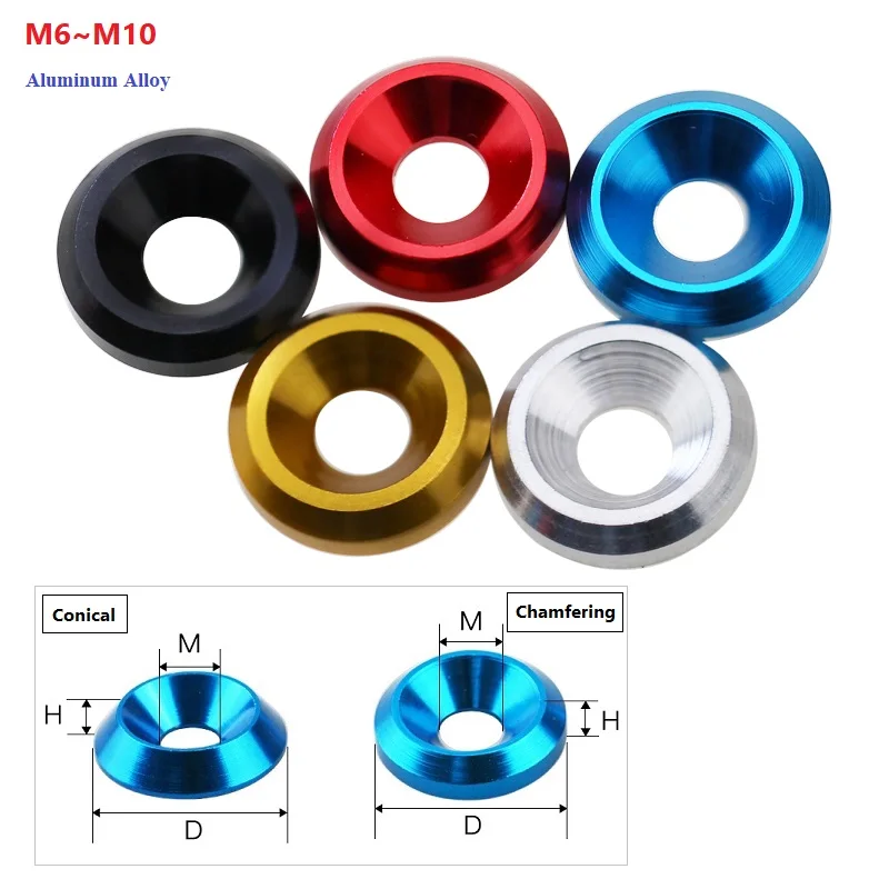 M6 M8 M10 Anodized Aluminum Alloy Washer Colorful Chamfering/Conical Concave Hole Gasket RC Remote Control Model Car Parts
