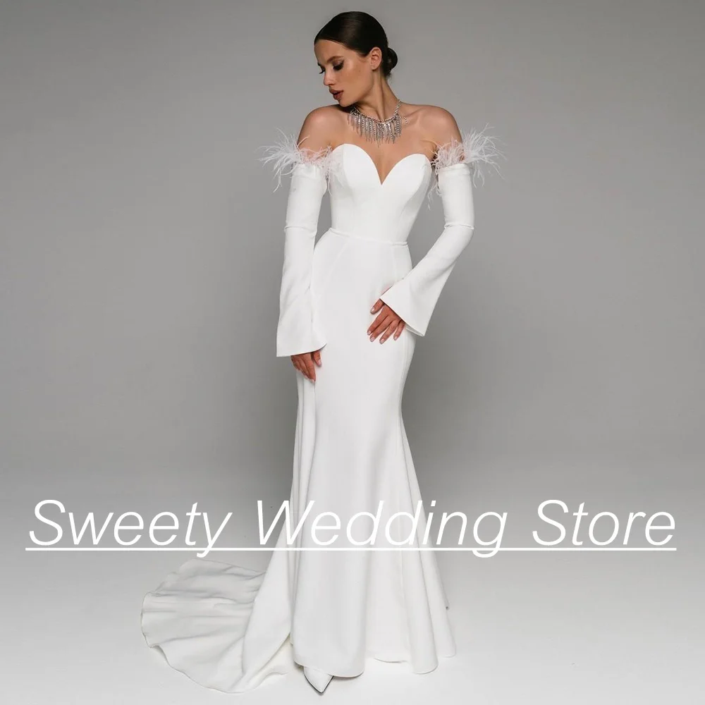 

Feathers Mermaid Wedding Dress Vestido De Noiva Sexy Sweetheart Long Sleeevs Sweep Ttrain Backless Bride Dresses Bridal Gown