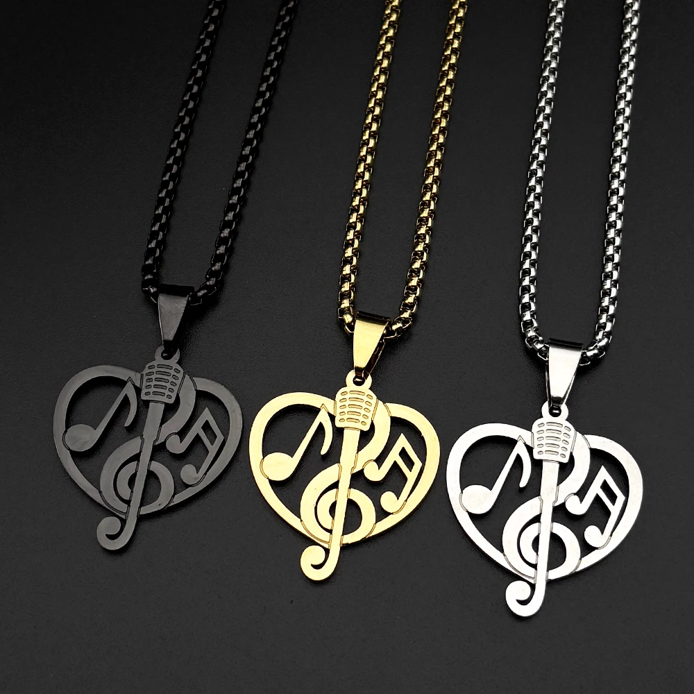 Heart Treble Clef Microphone Pendant Necklace Stainless Steel Gold Color Music Note Jewelry Gift Singer Musician Birthday Gifts