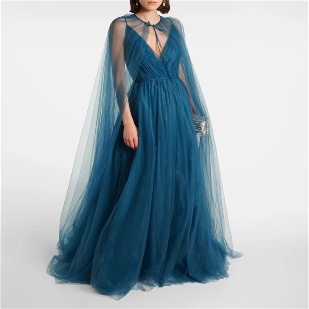 Hot Selling Deep V Neckline Sleeveless A-Line Tulle Evening Dress Elegant Back Zipper Floor Length Sweep Train Gown For Women