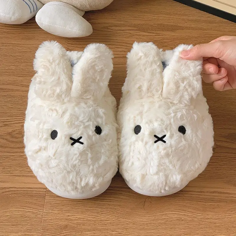 Autumn Winter Soft Fully Covered Fleece Slippers With Miffy Pattern Thick Non-slip Sole Warm Indoor Plush House Shoes For Women