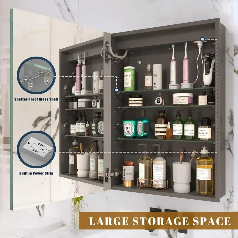 مرآة خزانة طبية للحمام بإضاءة LED مقاس 32 × 24 بوصة، قابلة للتعتيم مع 3 ألوان لدرجة الحرارة، مضادة للضباب، مثبتة أو سطحية، 2 #4