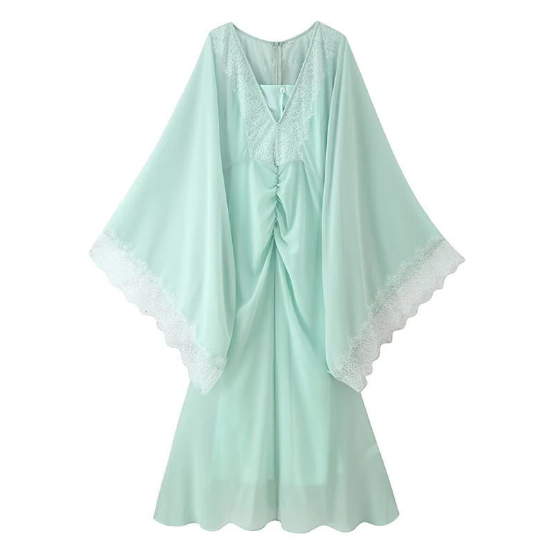 YENKYE Damen Mintgrünes Maxikleid mit V-Ausschnitt, Spitzenbesatz, ausgestelltem Schnitt, langen Ärmeln und Raffungen, elegantes Partykleid