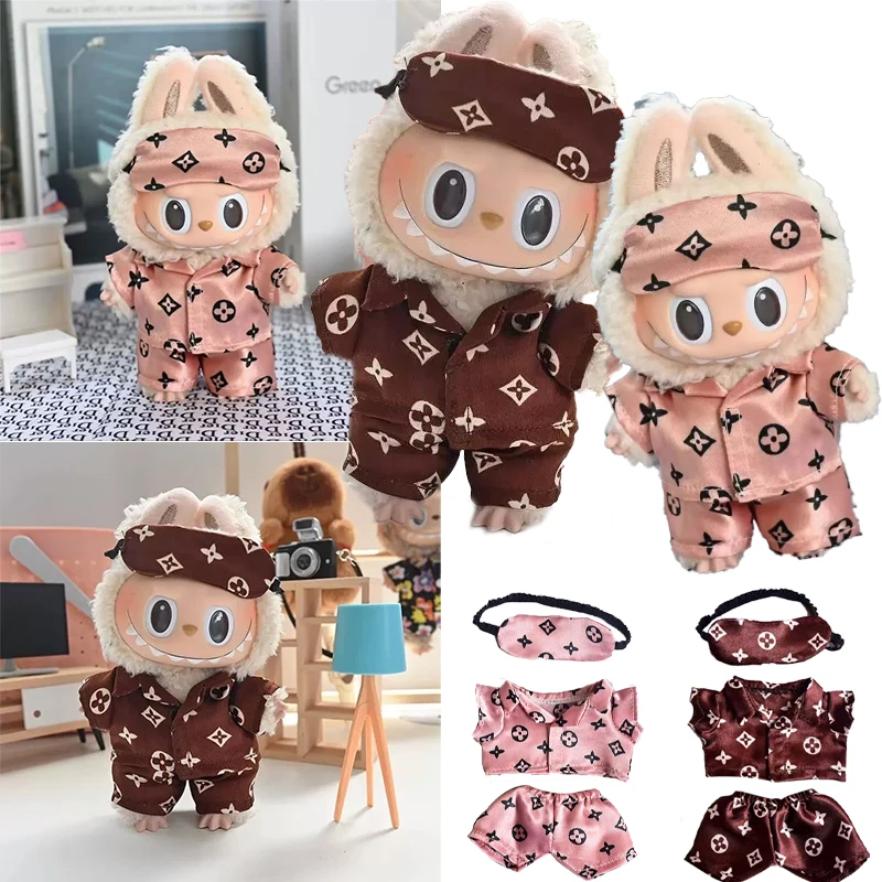 15 17 cm Für Labubu Puppe Retro Muster Pyjamas Mit Augen Maske Drei-Stück Outfit Kleidung Mode Schuhe Set kleidung Zubehör
