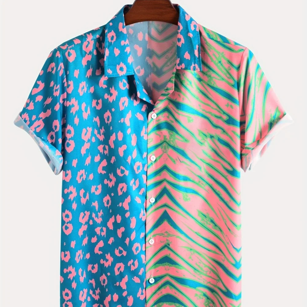 

Striped Leopard 3d Printed Shirt For Men's Unique Splicing Design Shirts Trend Fashion Street Personality Harajuku Button Shirts