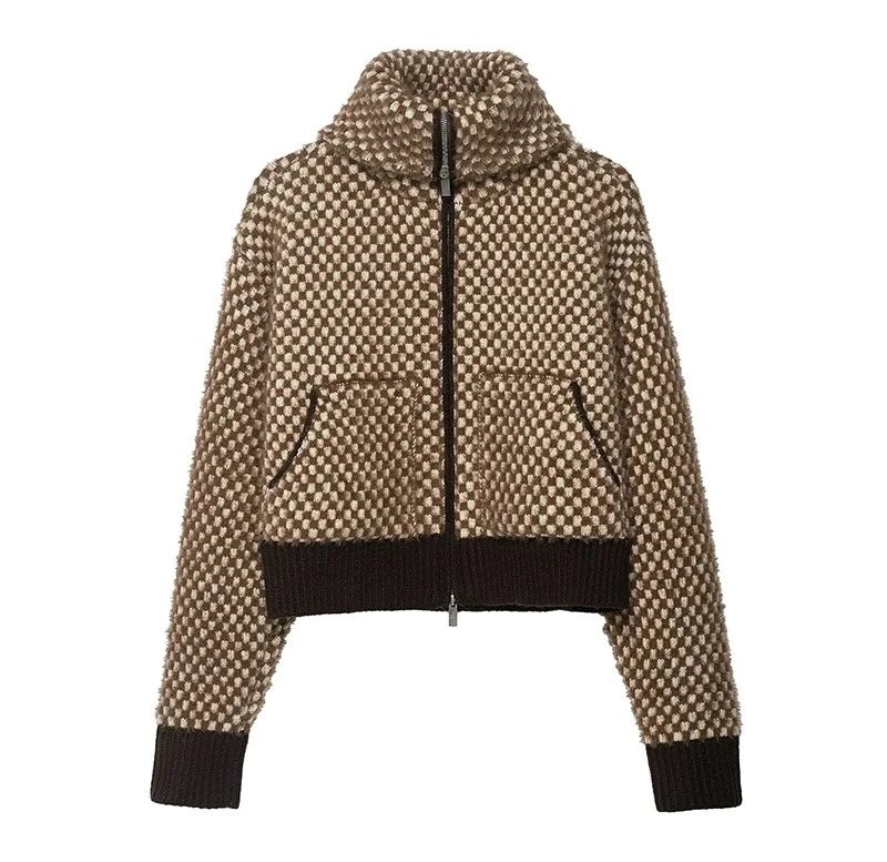 

Women's Spliced knit Short Jackets Autumn Winter Stand Collar Long Sleeve Jackets Coats Streetwear Female Outerwear