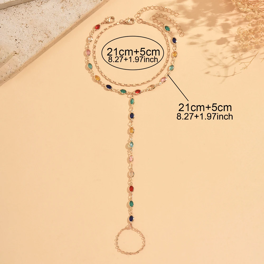 2PCS Layered Gold Toe Ring Anklet Colorful Rhinestone Dainty Boho Foot Chain Summer Beach Vacation Jewelry for Women view 4