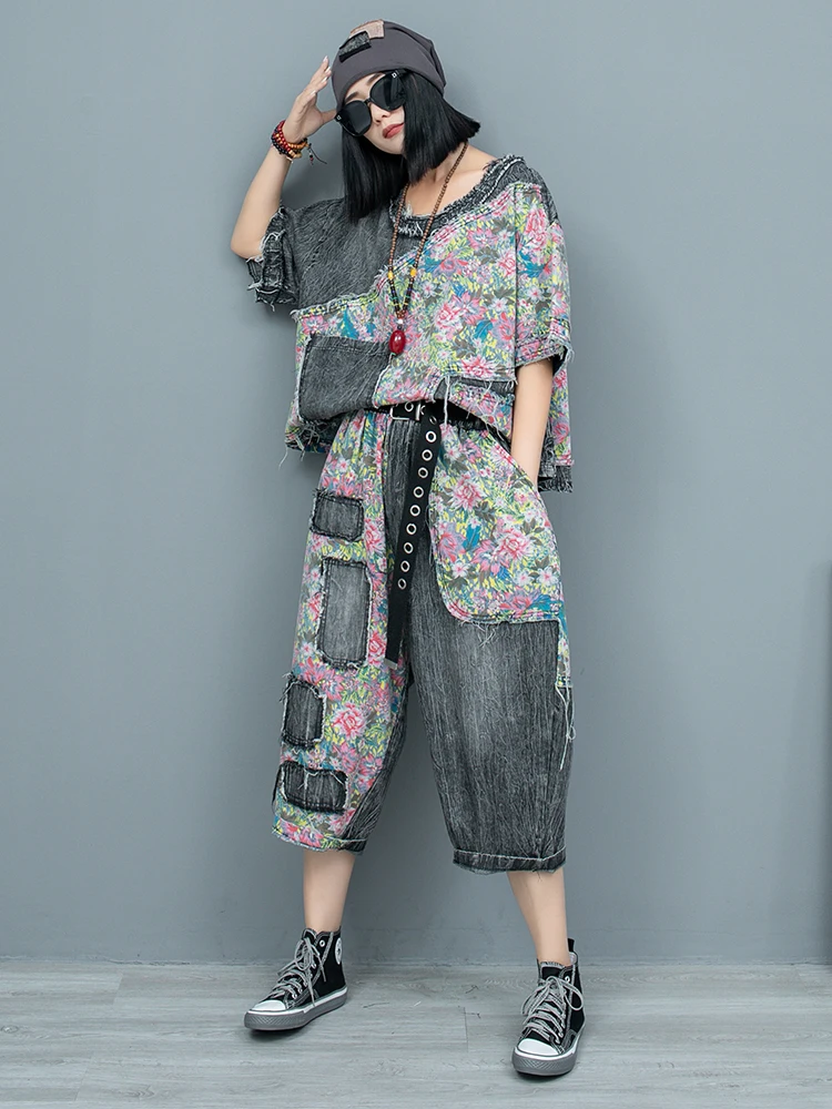 Personalized Trendy Fashion Pant Set Women 2024 Summer Floral Patchwork Denim Short Sleeved Top + Cropped Harem Pants LX1428