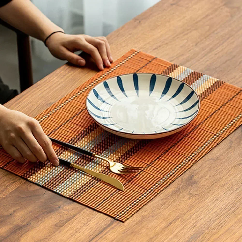5pcs Bamboo Dining Placemats 5pcs Woven Ribbed Table Mats AntiSlip & Heat Resistant Protect Your Furniture 17.7\